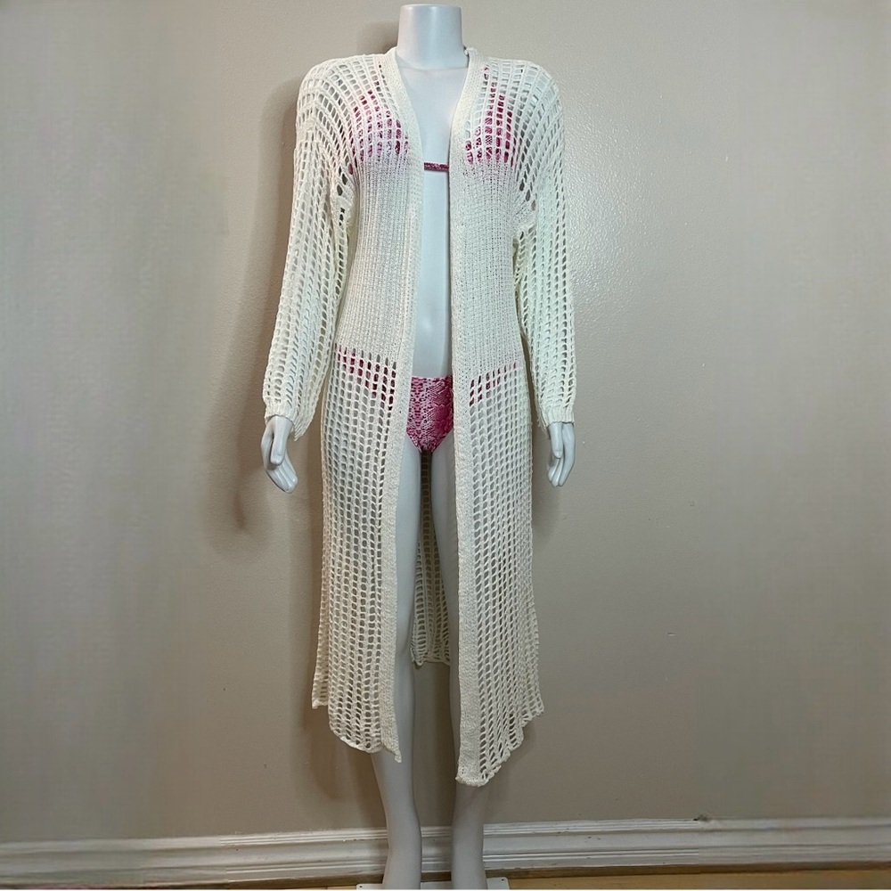 Ivory knitted long sleeve beach kimono cardigan cover up